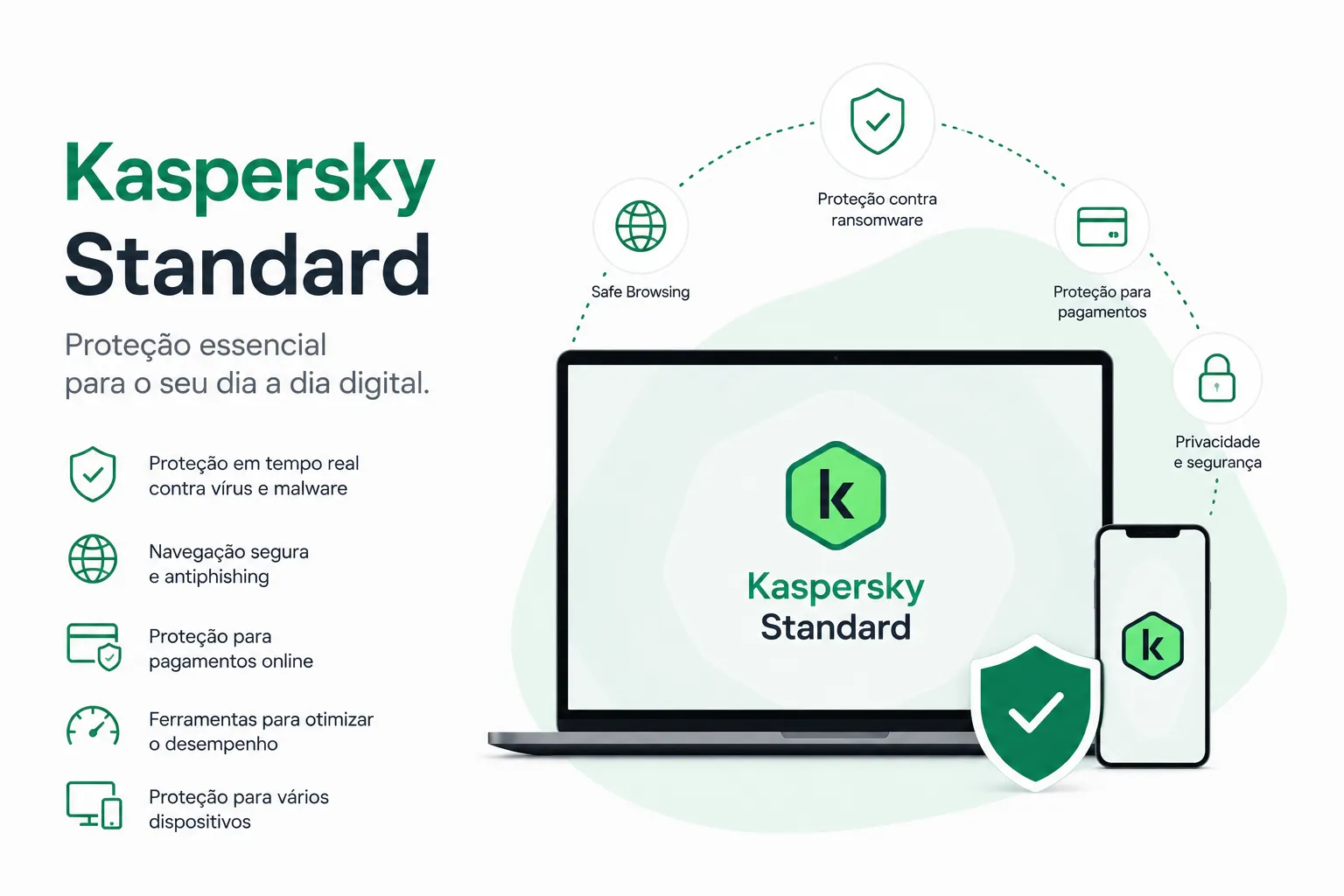 Kaspersky Standard oferece proteção essencial com recursos de segurança, ransomware, phishing e pagamentos para Windows, Mac, Android e iOS