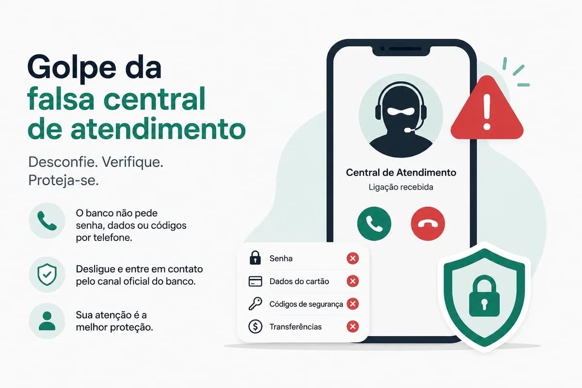 Golpe da falsa central de atendimento: ilustração mostrando ligação suspeita, ícone de criminoso, aviso de alerta e proteção com checklist de o que não fazer
