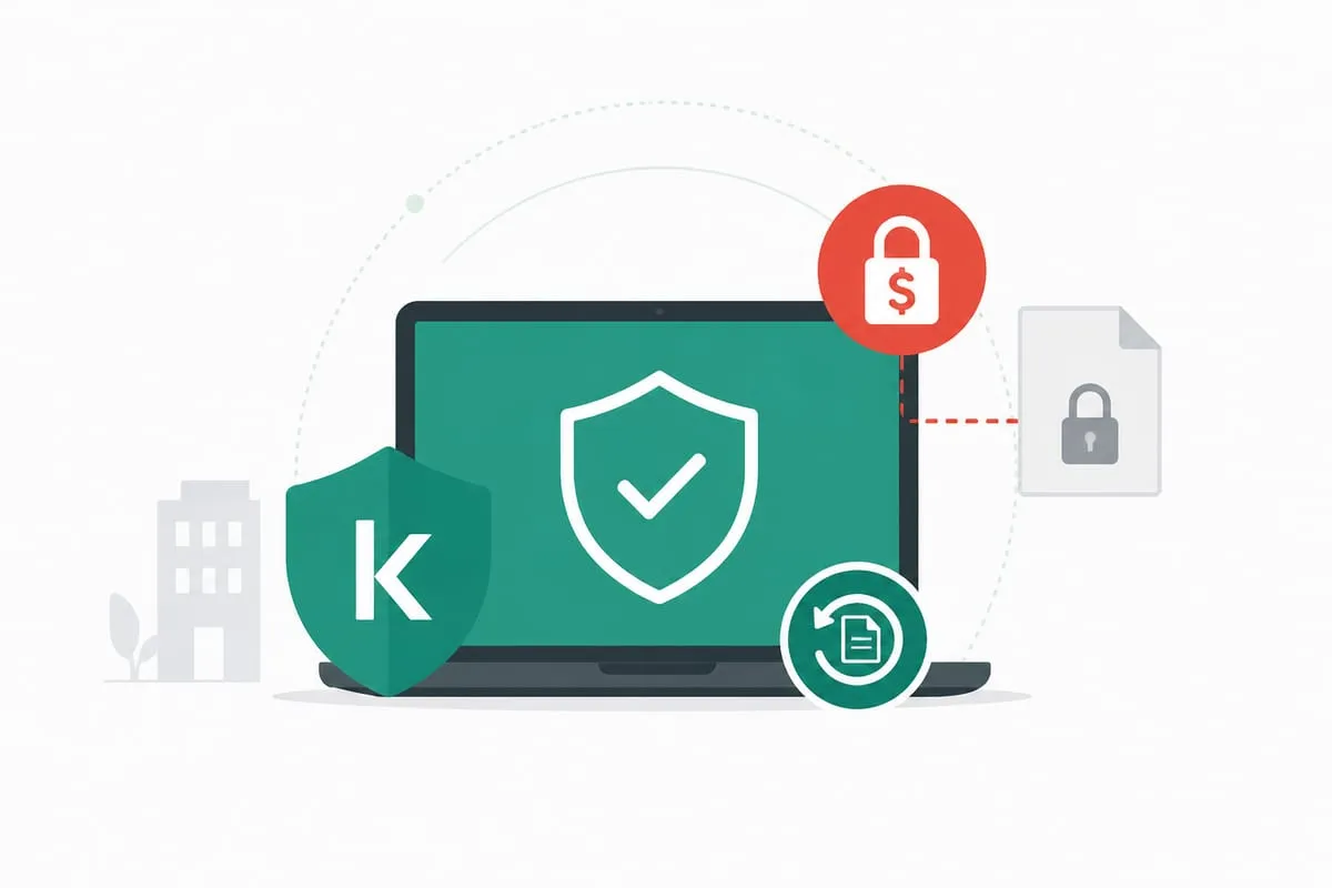 Kaspersky Small Office Security com logo K, escudo de proteção, cadeado com símbolo de dólar e arquivo protegido em laptop
