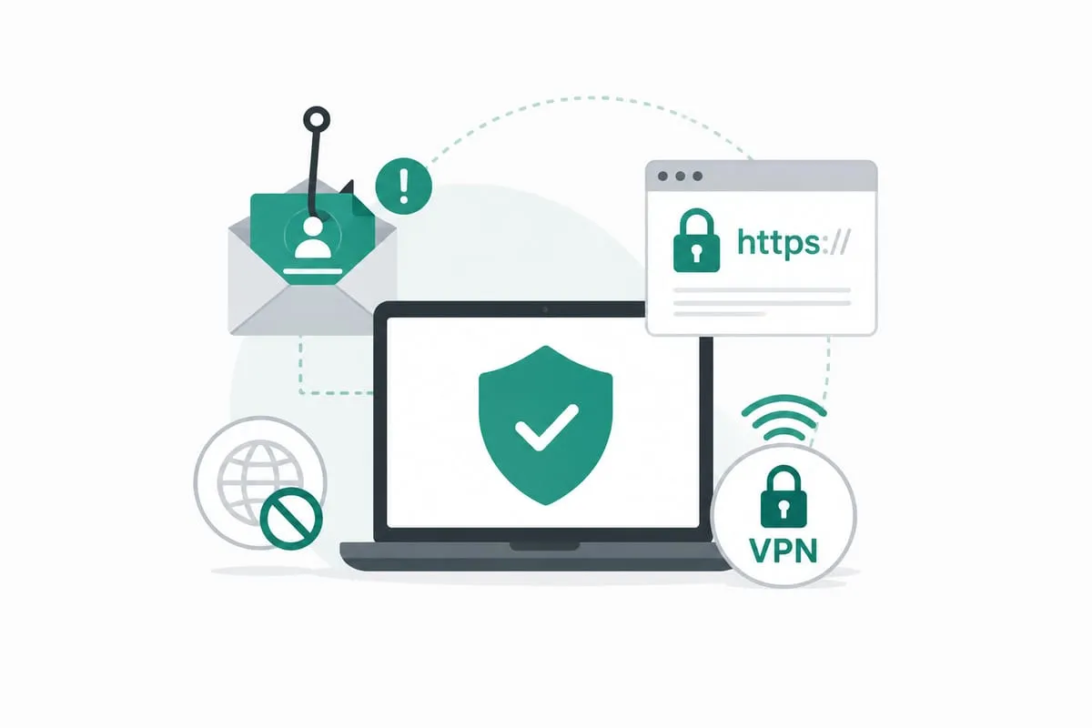 Laptop protegido com escudo, HTTPS seguro, VPN, bloqueio de phishing e proteção contra sites maliciosos