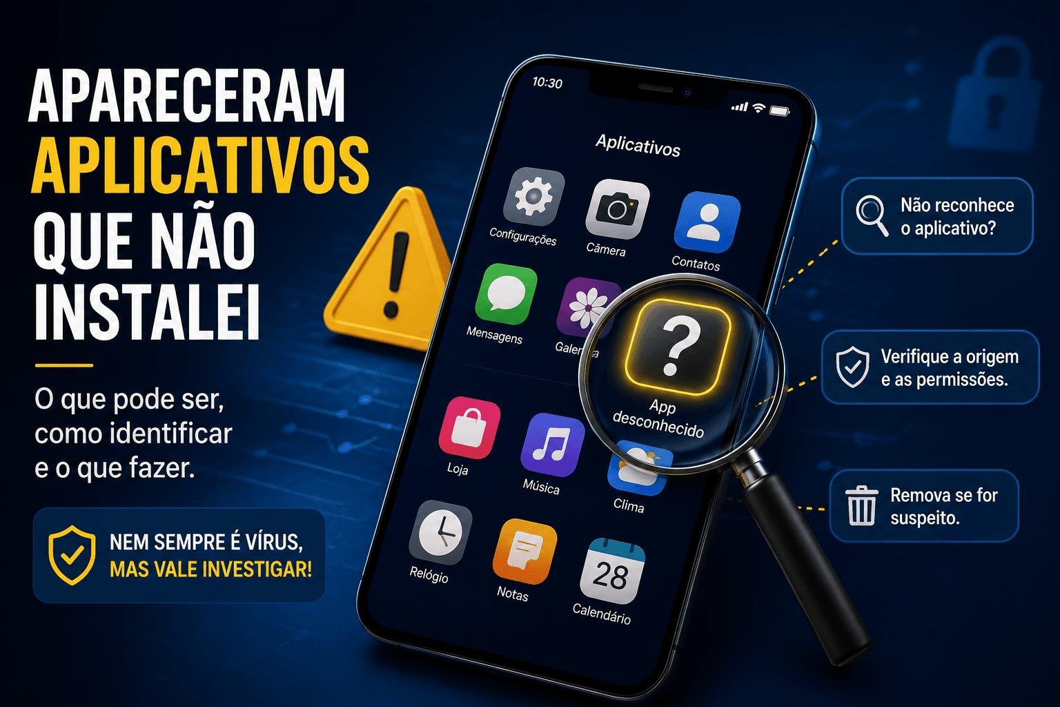Aplicativos desconhecidos - Como investigar Infográfico mostrando um smartphone com aplicativos desconhecidos e um magnifying glass destacando um app suspeito, com instruções sobre como verificar origem e permissões