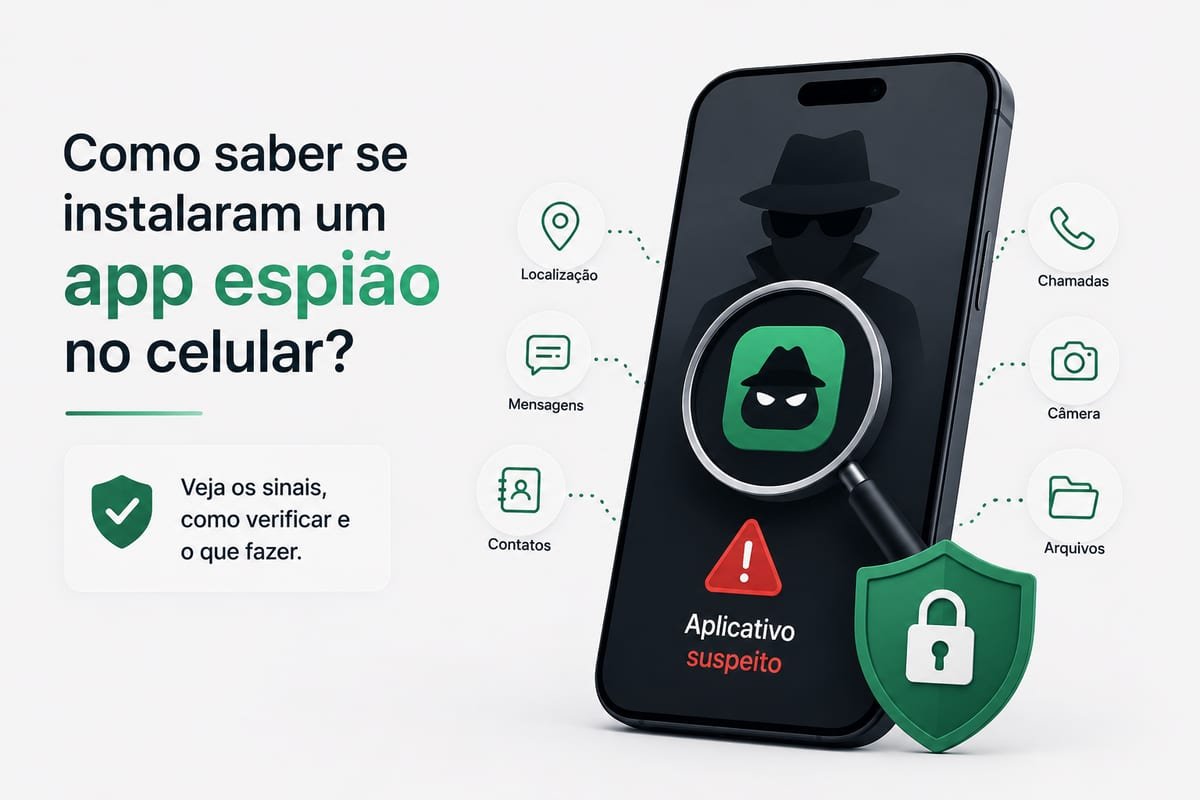 Detecção de app espião no celular Ilustração de um smartphone com sinais de alerta mostrando detecção de aplicativo espião e monitoramento não autorizado