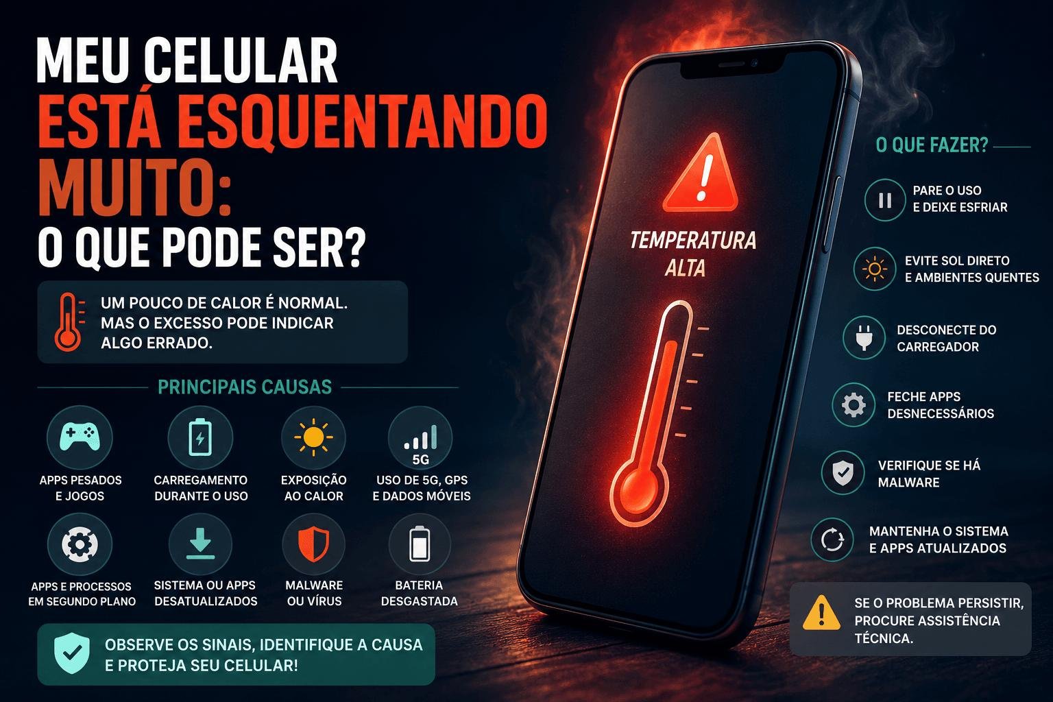 Celular esquentando - causas e soluções Infográfico explicando as causas do celular esquentando, com um smartphone aquecido mostrando temperatura alta, principais causas como apps pesados e carregamento, e o que fazer