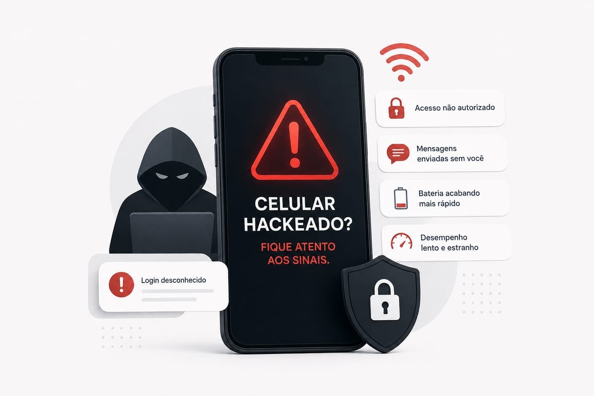 Ilustração de um smartphone com sinais de alerta, cadeado e símbolos de segurança, representando a detecção de um celular hackeado