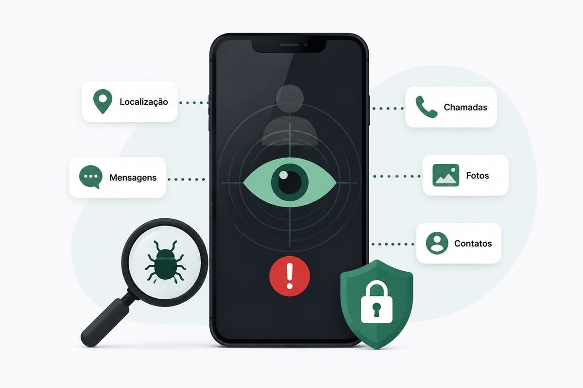 Celular sendo monitorado - detecção de stalkerware Ilustração de um smartphone com sinais de rastreamento, símbolos de localização e monitoramento, representando a detecção de um celular sendo monitorado