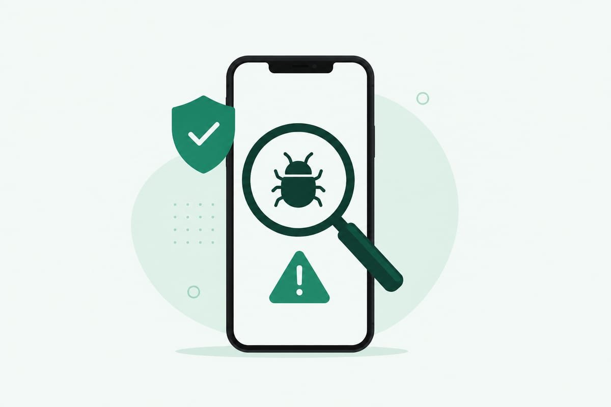 Ilustração de um smartphone com símbolo de alerta e escudo de proteção, representando a detecção de vírus e malware em dispositivos móveis