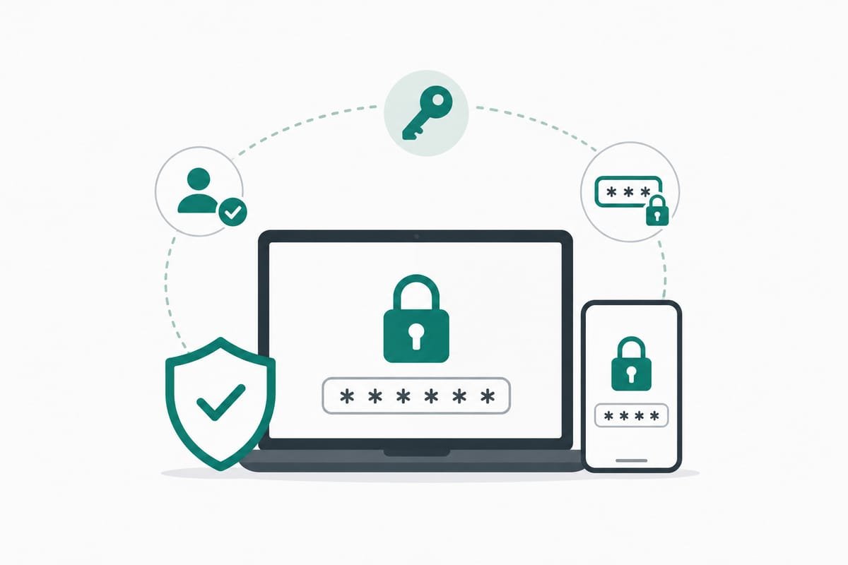 Gestor de contraseñas sincronizado entre laptop y smartphone con llaves, candados y contraseñas protegidas