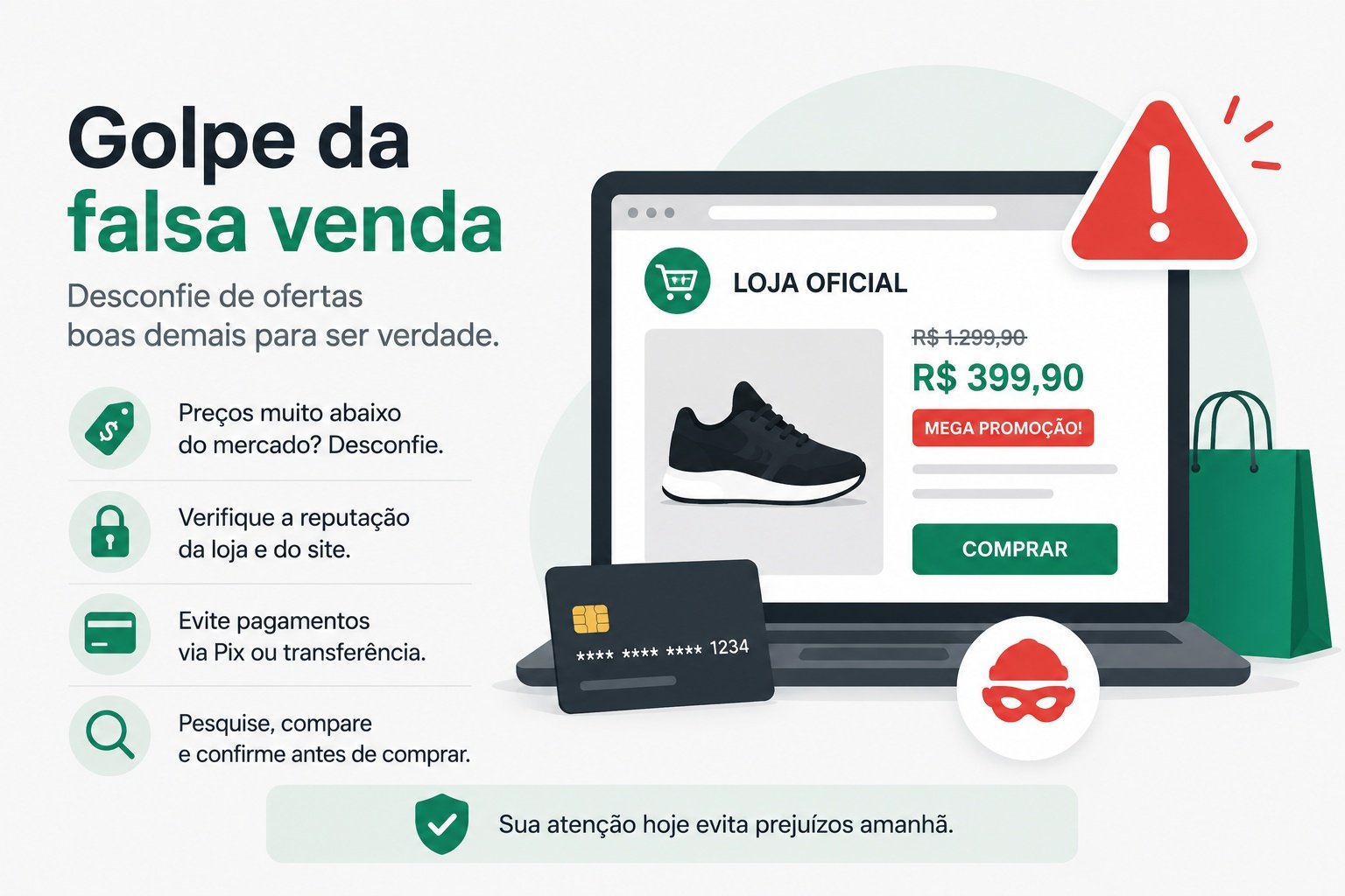 Infográfico sobre golpe da falsa venda: mostra tela de laptop com loja falsa oferecendo produto com desconto, cartão de crédito, e 5 dicas de proteção - desconfiar de preços muito baixos, verificar reputação da loja, evitar pagamentos por Pix, pesquisar e comparar ofertas, confirmar antes de comprar