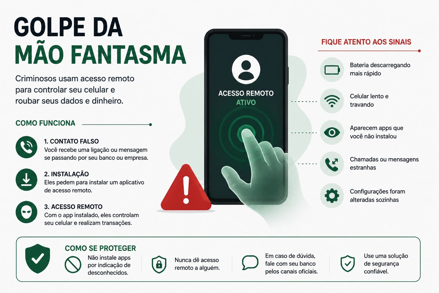 Infográfico sobre golpe da mão fantasma: mostra celular com acesso remoto ativado, mão do criminoso controlando tela remotamente, e 5 sinais de alerta - bateria descarregando mais rápido, celular lento e travando, apps que você não instalou, chamadas e mensagens estranhas, configurações alteradas sozinhas