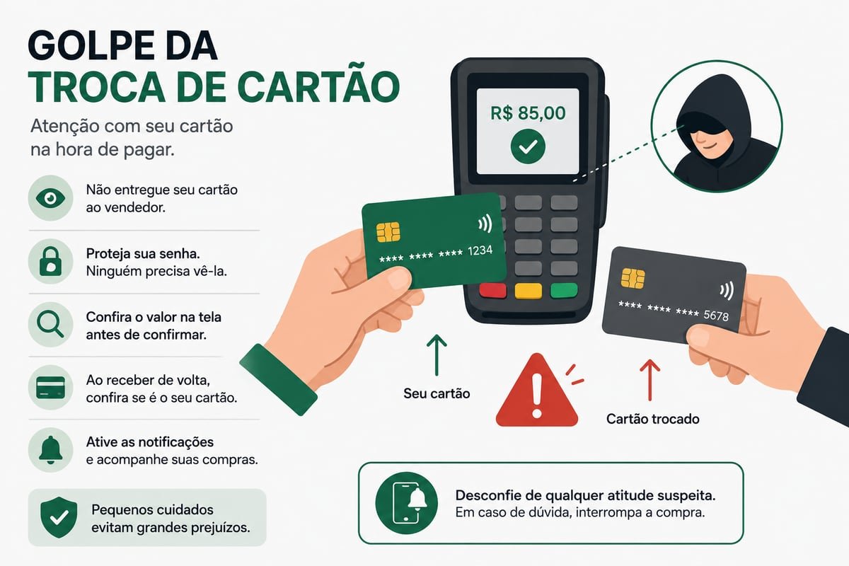 Infográfico mostrando o golpe da troca de cartão: criminoso trocando cartão durante pagamento na maquininha, com alertas sobre proteção de senha, não entrega do cartão ao vendedor, verificação do valor e confirmação do cartão ao receber de volta
