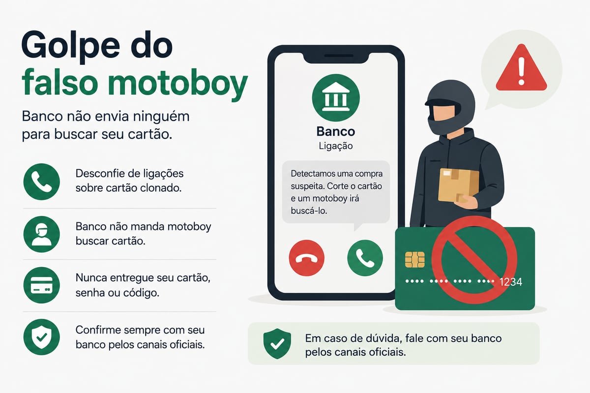 Infográfico sobre golpe do falso motoboy: mostra cenário com criminoso em preto com pacote, celular exibindo aplicativo de banco com mensagem sobre cartão suspeito e instrução para cortar cartão, alerta em vermelho, cartão com símbolo proibido vermelho, e 4 dicas de proteção - desconfiar de ligações sobre clonagem, reconhecer que banco não manda motoboy, nunca entregar cartão/senha/código, e confirmar com banco pelos canais oficiais