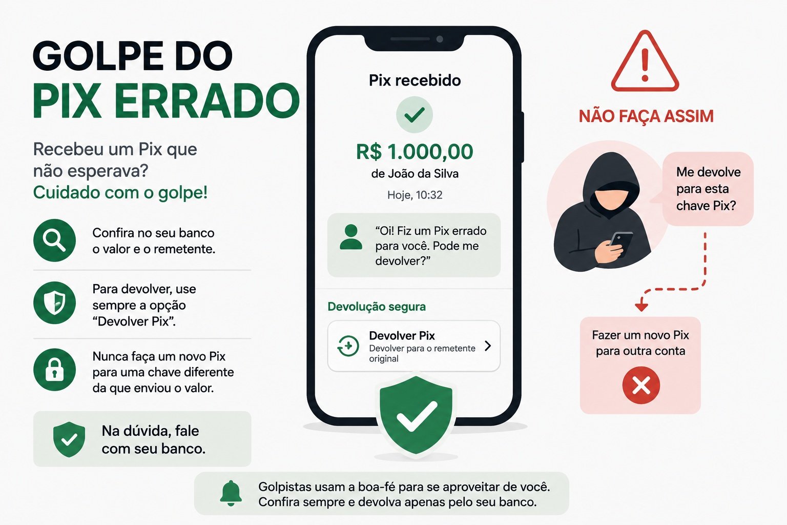 Infográfico sobre golpe do Pix errado: mostra celular com transferência de R$ 1.000 e aviso de suspeita, explicação de como funciona em 3 etapas, e dicas de proteção - não devolver para outra chave, verificar recebimento, usar função de devolução oficial