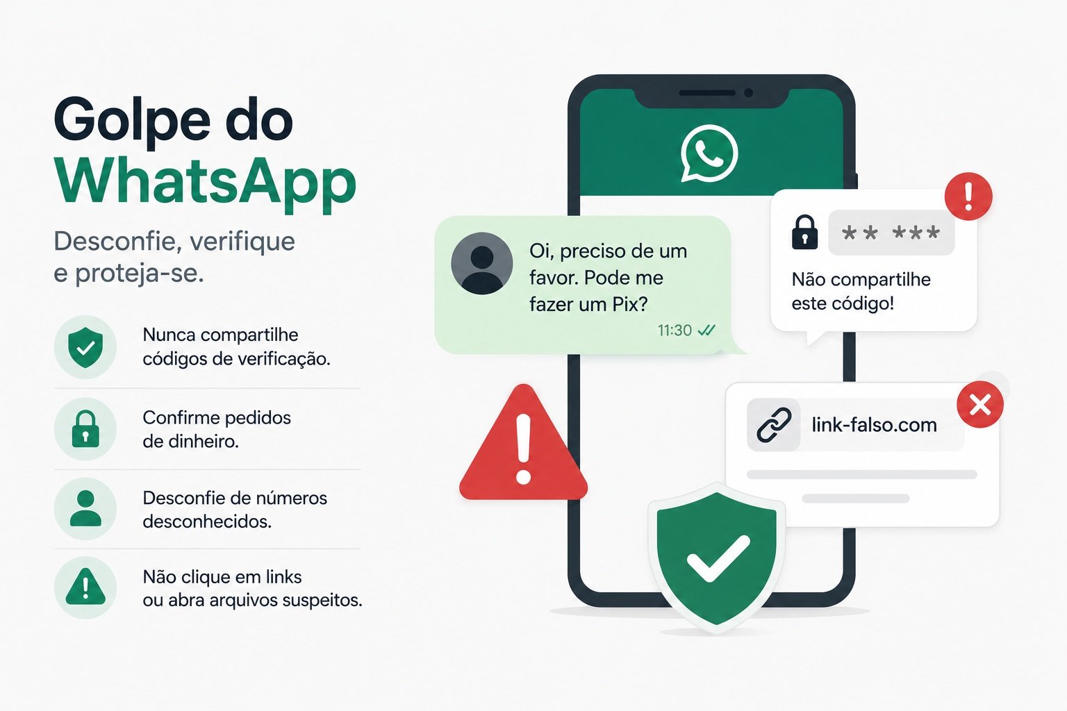 Infográfico sobre golpe do WhatsApp clonado: mostra conversa em celular com pessoa pedindo Pix, alerta sobre código de verificação, link falso, e 4 dicas de proteção - nunca compartilhar códigos, confirmar pedidos de dinheiro, desconfiar de números desconhecidos, não clicar em links suspeitos