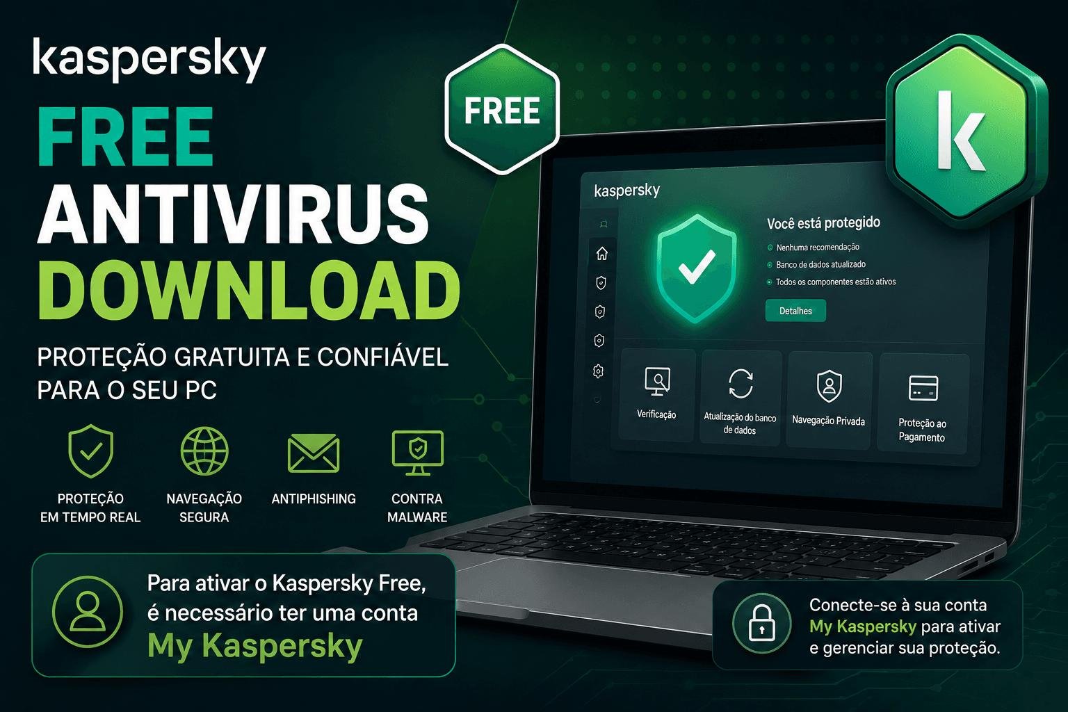 Kaspersky Free Antivirus - Download gratuito com proteção em tempo real, navegação segura e antiphishing. Interface mostrando status de proteção e conta My Kaspersky
