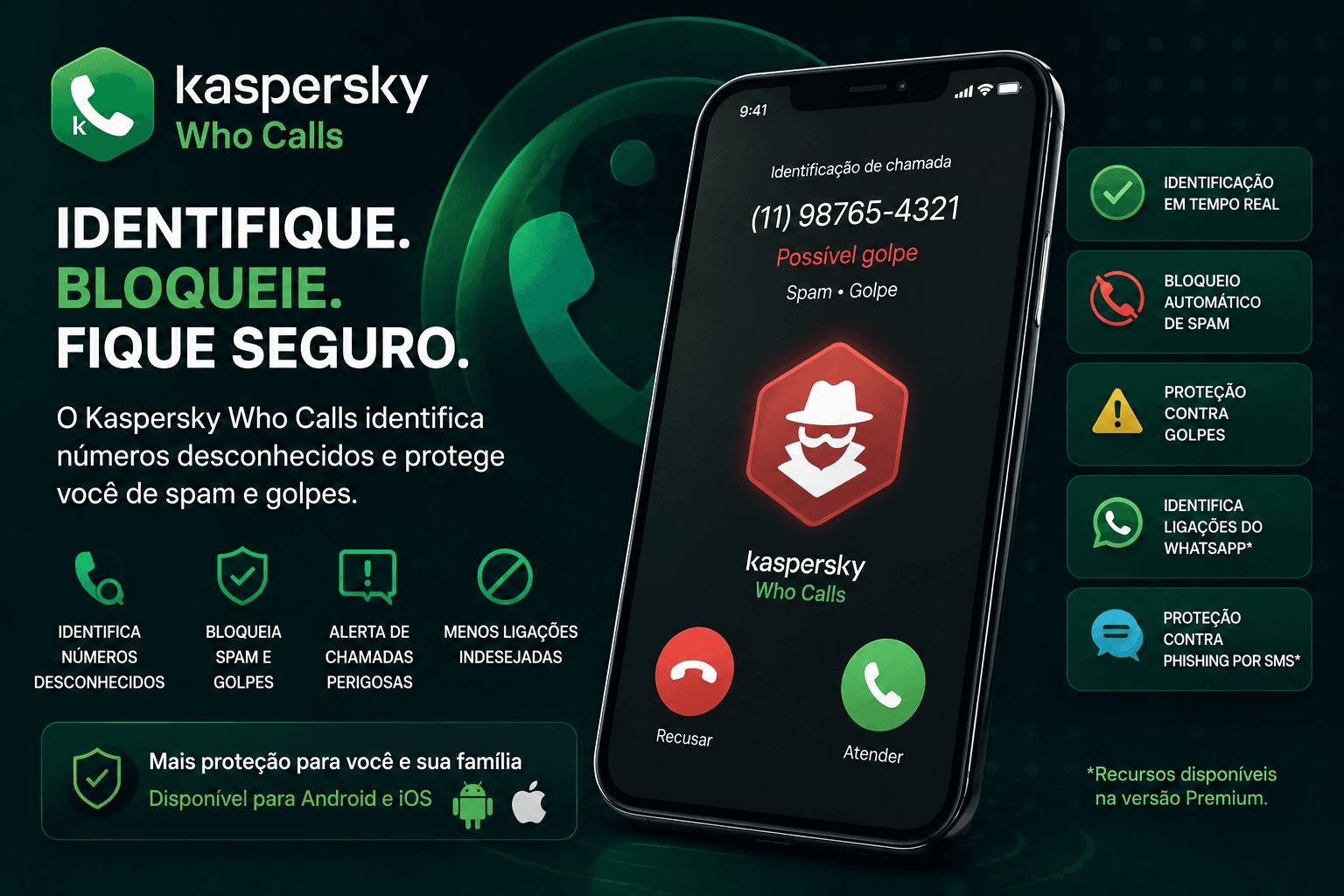 Kaspersky Who Calls - Identifique, bloqueie e fique seguro Kaspersky Who Calls - Identificação de chamadas, bloqueio automático de spam e proteção contra golpes. Interface mostrando detecção em tempo real, alerta de chamadas perigosas e recursos para Android e iOS