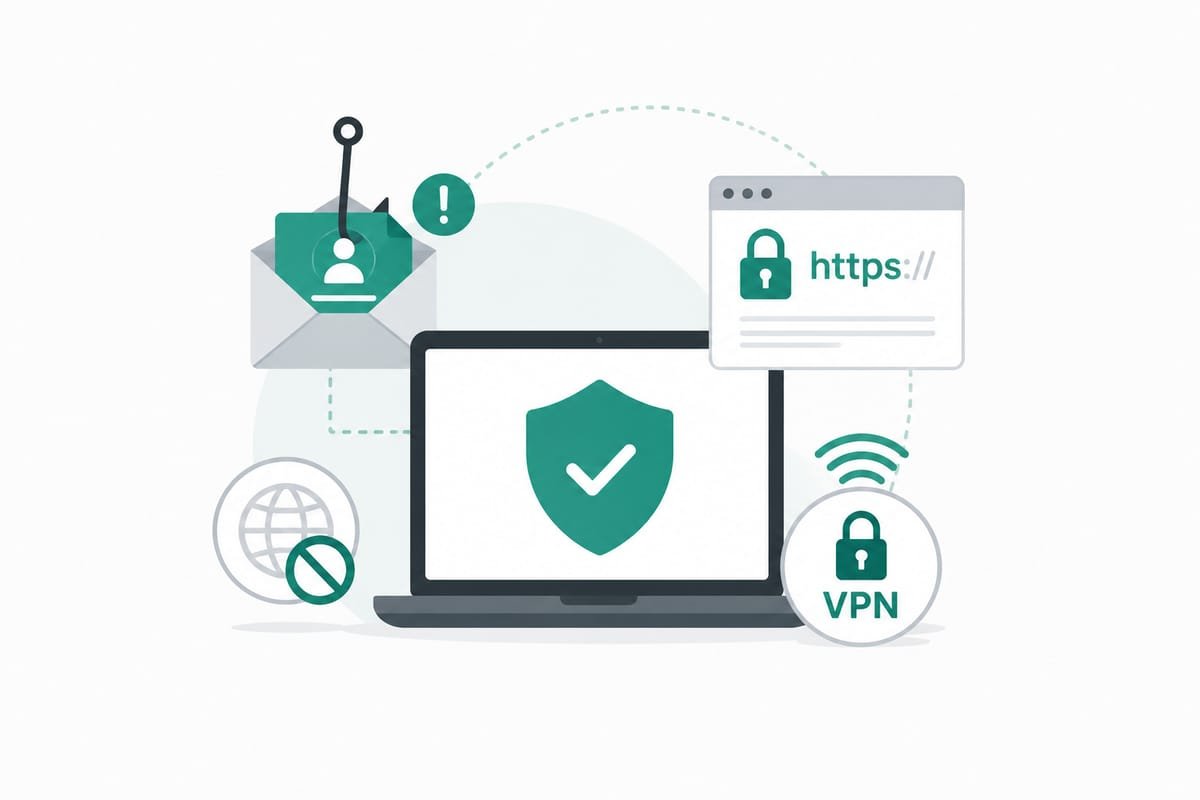 Laptop protegido con escudo, HTTPS seguro, VPN, bloqueo de phishing y protección contra sitios maliciosos
