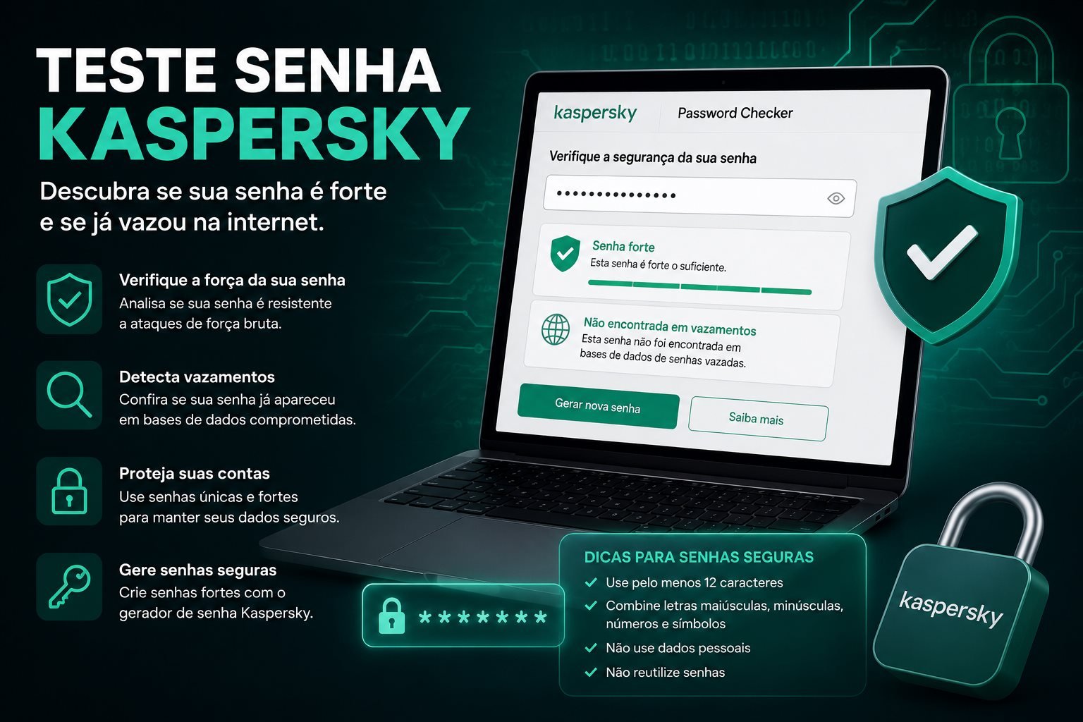 Teste de senha Kaspersky mostrando verificação de força de senha, análise de exposição em vazamentos e gerador de senhas seguras